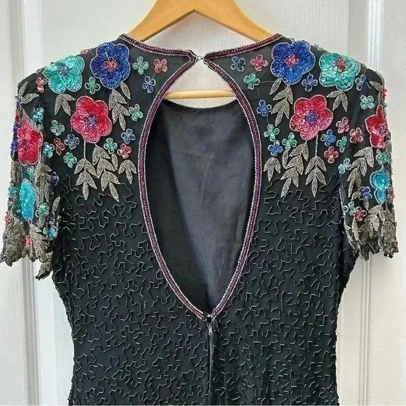 SCALA Sequin Beaded Cocktail Evening Dress Black Multi Colour Open Back Medium - Picture 8 of 15
